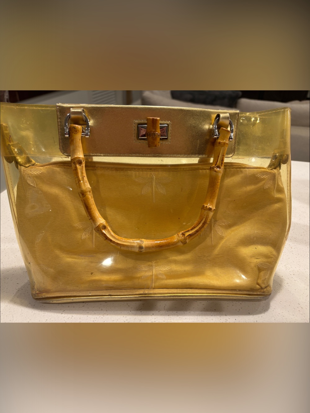 Vintage Dragonfly Clear Vinyl Satchel Bag Gold Woven Insert Bamboo Handles Y2K